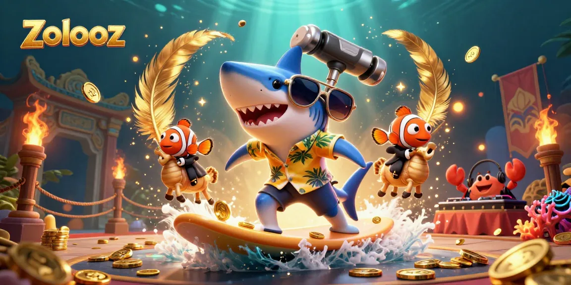 Zolooz elevates the excitement with the hammer-head shark surfing on gold coins amidst a vibrant underwater casino scene.
