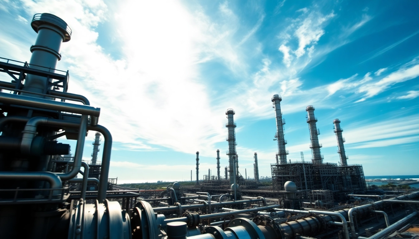 Refineries operating in an industrial coastal setting showcasing advanced technology and vibrant energy.