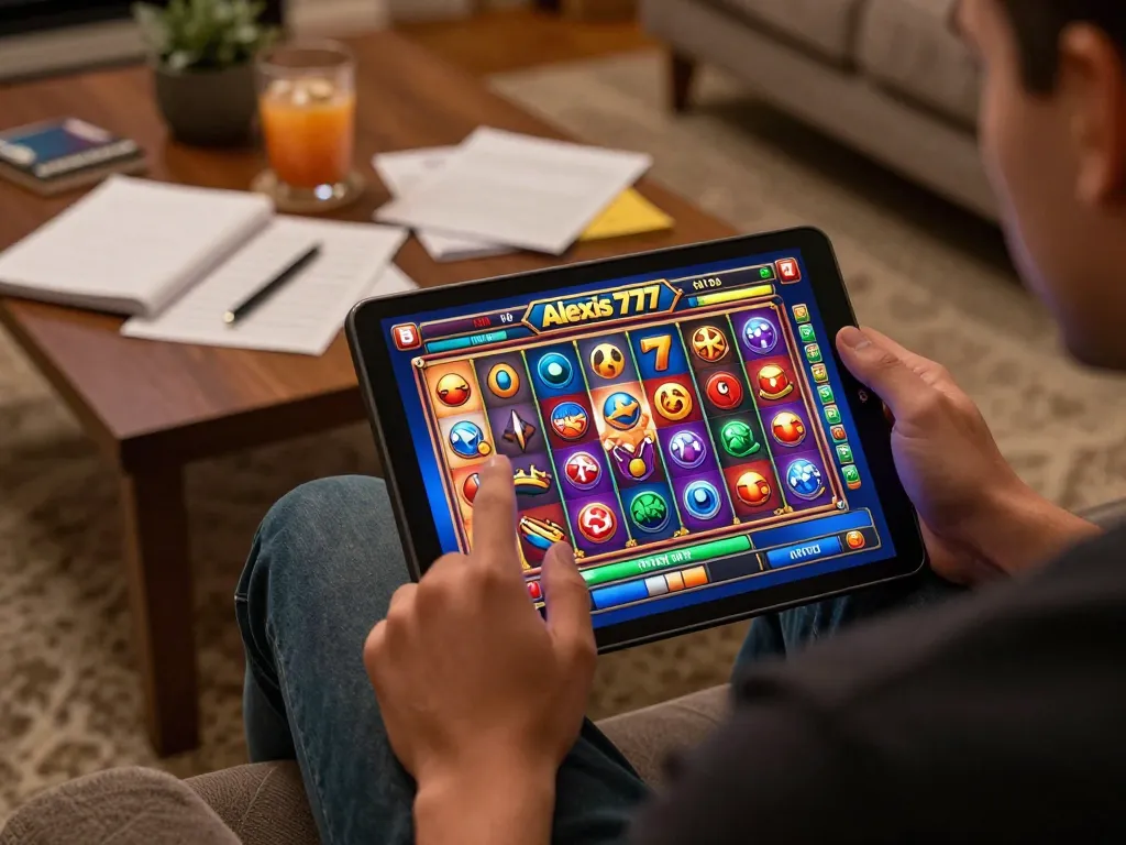 Playing the alexis77 slot on a tablet in a cozy home environment.