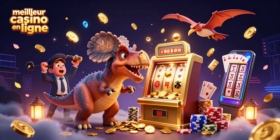 Illustration dynamique du meilleur casino en ligne avec des personnages amusants et des machines à sous en action.