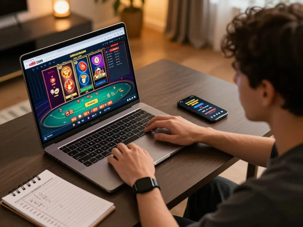 Engaging in online gambling at uu88 com with strategy notes and casino app on the table.