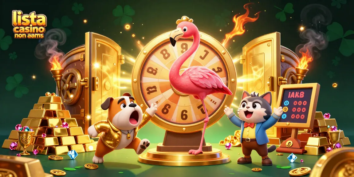 Scopri la lista casino non AAMS in un'illustrazione vivace con premi scintillanti e personaggi divertenti.
