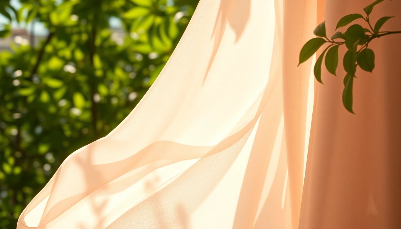 Chiffon stof in een elegante tuinomgeving met zachte kleuren en soepel vallende textuur.