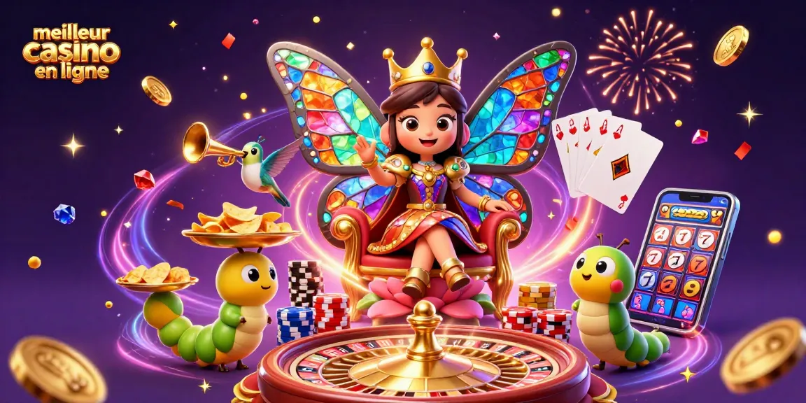 Illustration d'un meilleur casino en ligne avec une reine papillon, des jetons d'or et un jeu dynamique.