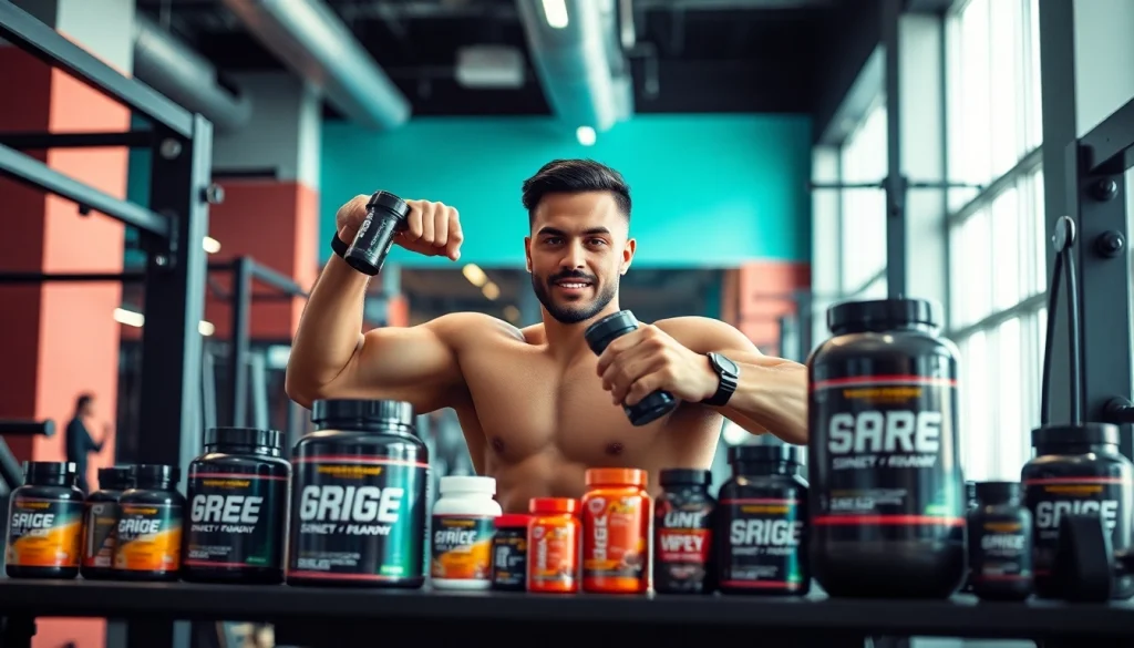 Showcase of 888new premium supplements in a vibrant gym setting, promoting fitness.