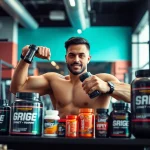 Showcase of 888new premium supplements in a vibrant gym setting, promoting fitness.