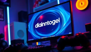 Menggambarkan logo diantogel pada komputer gaming modern yang berteknologi tinggi.