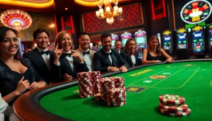 Players experiencing the excitement of MM 88 at a luxurious casino poker table with vibrant chips and thrilling atmosphere.