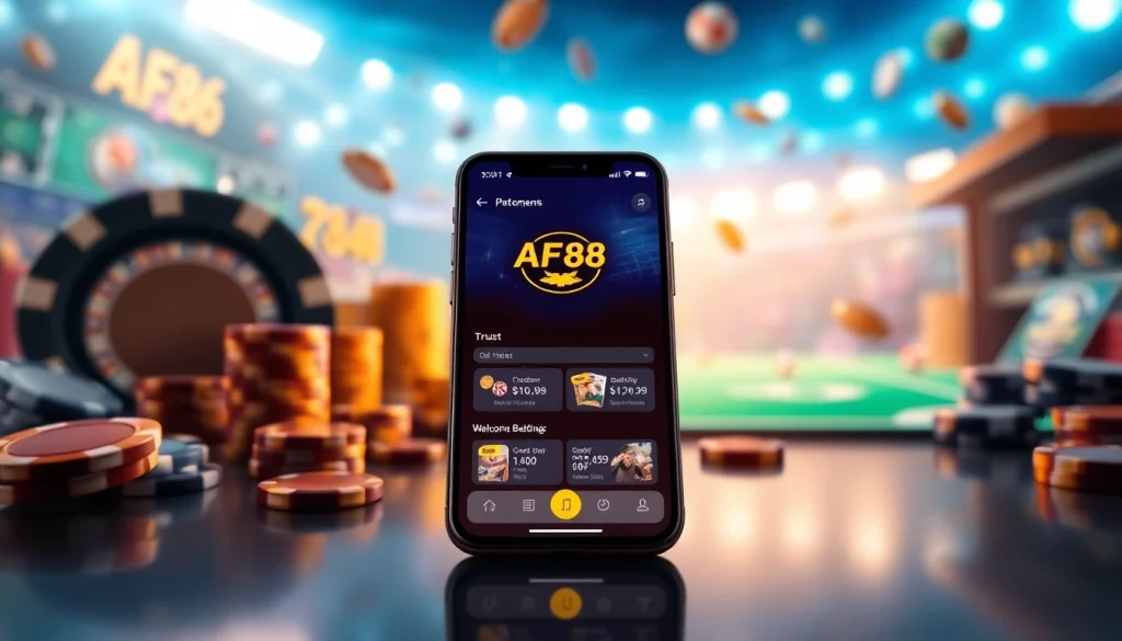 AF88 betting app interface on a smartphone in a vibrant gaming scene