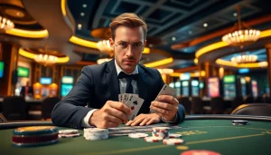 Gambler at a poker table, demonstrating strategy and intensity at https://mm88bc.com/ casino.