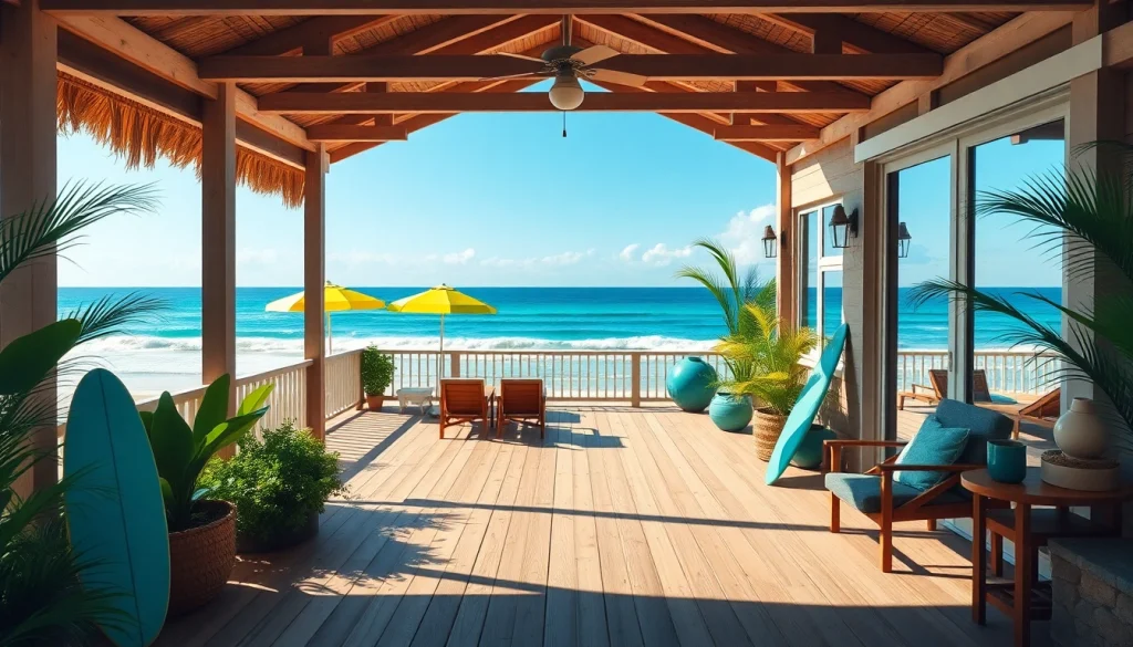 Relax in the coastal cabana with ocean views, sun loungers, and tropical plants for a serene retreat.