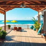 Relax in the coastal cabana with ocean views, sun loungers, and tropical plants for a serene retreat.