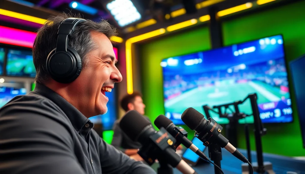 스포츠중계 중인 열정적인 해설자가 액션 장면을 설명하는 모습