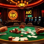 Engage with a thrilling poker game at KJC AC, showcasing vibrant chips and intense players.