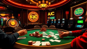 Engage with a thrilling poker game at KJC AC, showcasing vibrant chips and intense players.