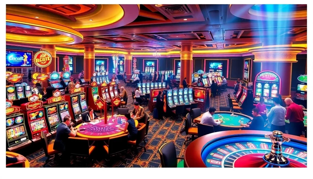 Experience the vibrant gambling world of KJC AC 1 with players enjoying casino tables and slot machines.