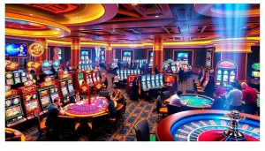 Experience the vibrant gambling world of KJC AC 1 with players enjoying casino tables and slot machines.