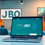 Showcasing JBO branding in a vibrant, modern workspace with a laptop on the desk.