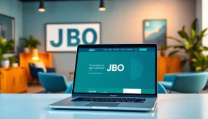 Showcasing JBO branding in a vibrant, modern workspace with a laptop on the desk.