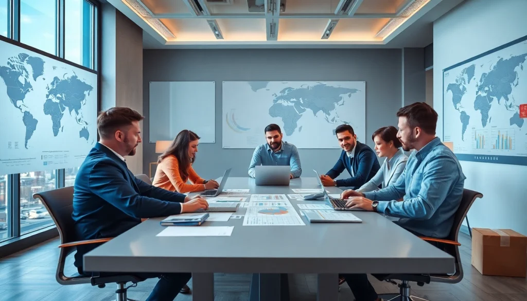 Team analyzing 3PL logistics strategies in a modern office with charts.