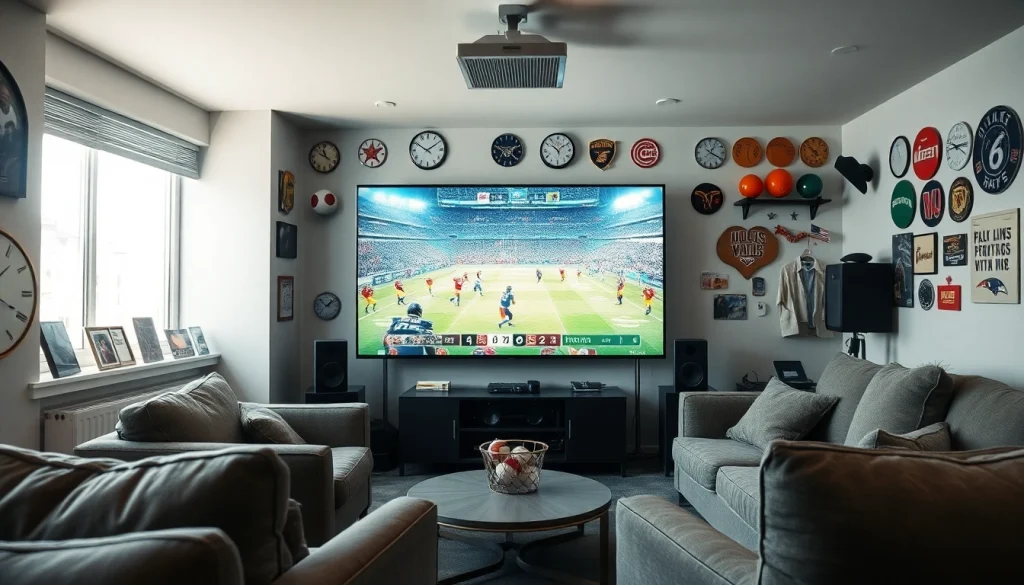 스포츠중계 화면을 보여주는 고화질 모니터와 편안한 좌석이 있는 공간입니다.