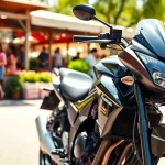 Motorrad bewerten kostenlos in einer lebhaften Umgebung mit glänzender Kawasaki-Bike.