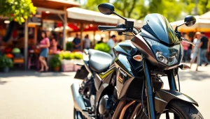 Motorrad bewerten kostenlos in einer lebhaften Umgebung mit glänzender Kawasaki-Bike.