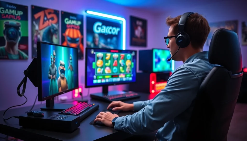 Mencoba slot gacor dengan fokus saat bermain di depan komputer gaming yang canggih.