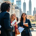 Engaged job seekers discussing careers in jobs new york amidst the city's iconic skyline.