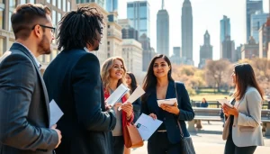 Engaged job seekers discussing careers in jobs new york amidst the city's iconic skyline.