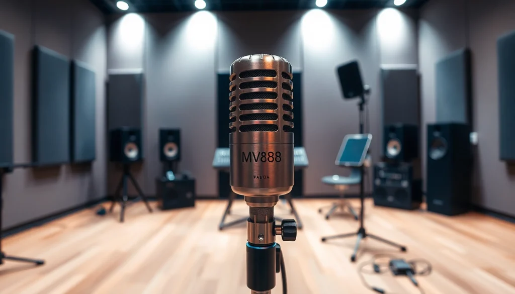 MV88 microphone featured prominently in a modern audio studio setting, showcasing its sleek design and recording capabilities.