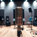 MV88 microphone featured prominently in a modern audio studio setting, showcasing its sleek design and recording capabilities.
