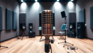MV88 microphone featured prominently in a modern audio studio setting, showcasing its sleek design and recording capabilities.