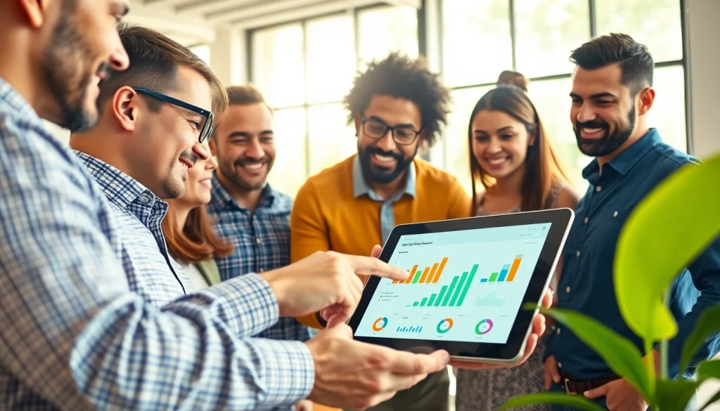 Engaged team collaborating on digital marketing ideas for Good Wolf Marketing in a bright office.