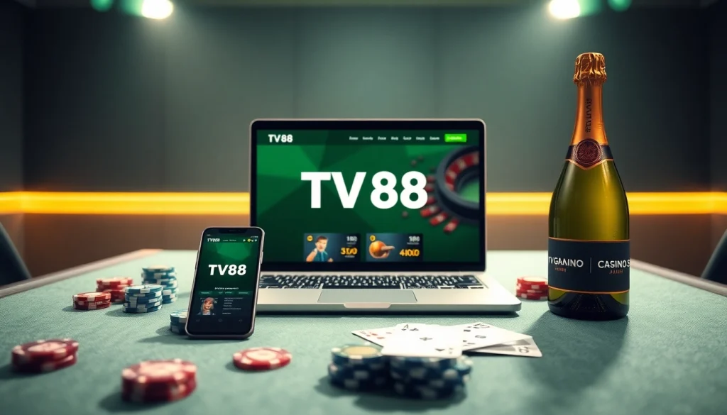 Dynamic image of TV88 online casino interface, featuring gaming devices and vibrant props