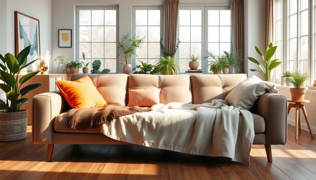Stylish sofa bed in a cozy living room, radiating warmth and inviting design.