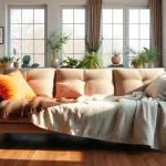 Stylish sofa bed in a cozy living room, radiating warmth and inviting design.