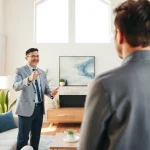 Engaging real estate agent showcasing a stunning home in a modern living room.