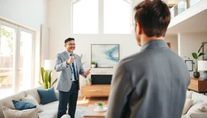 Engaging real estate agent showcasing a stunning home in a modern living room.