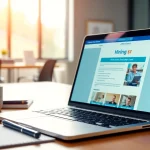 Create a free job post in a professional office environment with a laptop showcasing job listings.