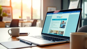 Create a free job post in a professional office environment with a laptop showcasing job listings.