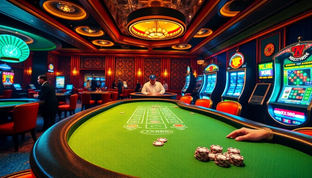 Experience the thrill of XX88 where dealers engage in high-stakes poker games at illuminated casino tables.