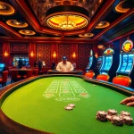 Experience the thrill of XX88 where dealers engage in high-stakes poker games at illuminated casino tables.