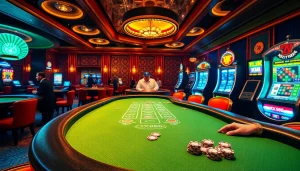 Experience the thrill of XX88 where dealers engage in high-stakes poker games at illuminated casino tables.