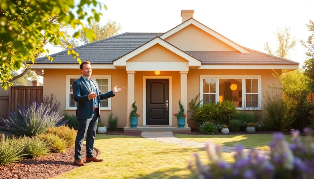 Showcasing a real estate agent engaging buyers in a stunning property garden.