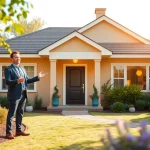Showcasing a real estate agent engaging buyers in a stunning property garden.