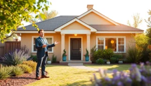 Showcasing a real estate agent engaging buyers in a stunning property garden.
