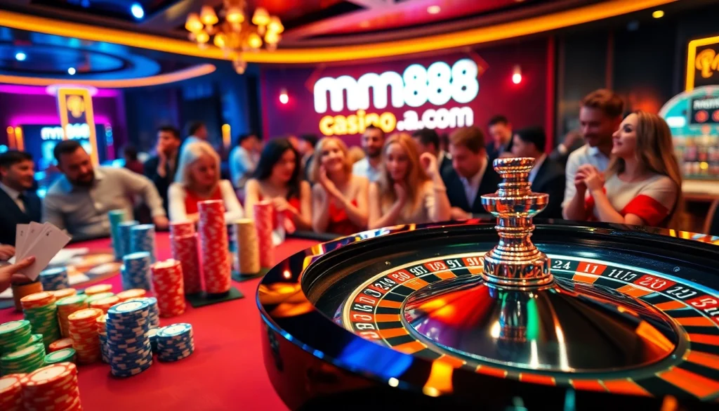 Experience the thrill of gambling at mm88 sa com with a vibrant roulette table alive with players and colorful chips.