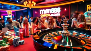 Experience the thrill of gambling at mm88 sa com with a vibrant roulette table alive with players and colorful chips.