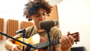 Musician performing with the MV88 microphone in a bright studio environment.